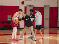 Wisconsin Badgers Head Coach Greg Gard works with guard Max Klesmit #11 during practice at the Nicholas Johnson Pavilion in Madison, WI, on...