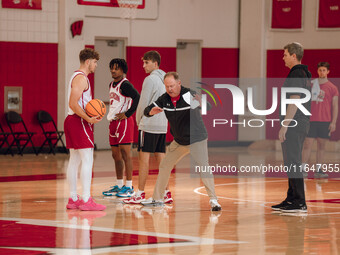 Wisconsin Badgers Head Coach Greg Gard works with guard Max Klesmit #11 during practice at the Nicholas Johnson Pavilion in Madison, WI, on...