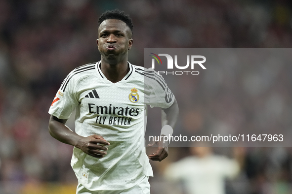 Vinicius Junior left winger of Real Madrid and Brazil reacts during the LaLiga match between Atletico de Madrid and Real Madrid CF  at Estad...