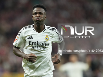 Vinicius Junior left winger of Real Madrid and Brazil reacts during the LaLiga match between Atletico de Madrid and Real Madrid CF  at Estad...