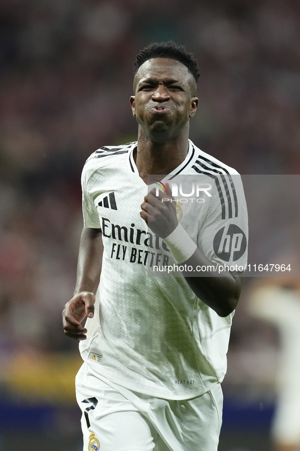 Vinicius Junior left winger of Real Madrid and Brazil reacts during the LaLiga match between Atletico de Madrid and Real Madrid CF  at Estad...