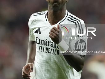 Vinicius Junior left winger of Real Madrid and Brazil reacts during the LaLiga match between Atletico de Madrid and Real Madrid CF  at Estad...