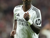 Vinicius Junior left winger of Real Madrid and Brazil reacts during the LaLiga match between Atletico de Madrid and Real Madrid CF  at Estad...