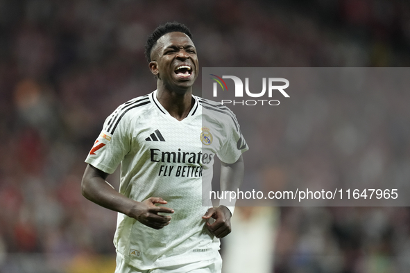 Vinicius Junior left winger of Real Madrid and Brazil reacts during the LaLiga match between Atletico de Madrid and Real Madrid CF  at Estad...