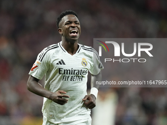 Vinicius Junior left winger of Real Madrid and Brazil reacts during the LaLiga match between Atletico de Madrid and Real Madrid CF  at Estad...