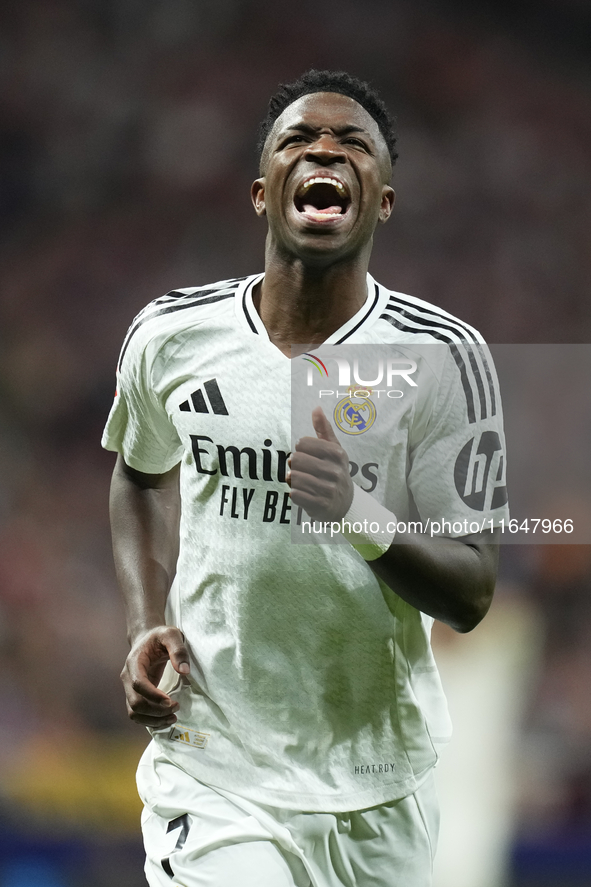 Vinicius Junior left winger of Real Madrid and Brazil reacts during the LaLiga match between Atletico de Madrid and Real Madrid CF  at Estad...