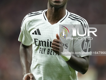 Vinicius Junior left winger of Real Madrid and Brazil reacts during the LaLiga match between Atletico de Madrid and Real Madrid CF  at Estad...