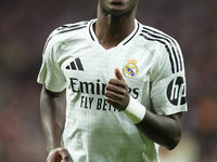 Vinicius Junior left winger of Real Madrid and Brazil reacts during the LaLiga match between Atletico de Madrid and Real Madrid CF  at Estad...