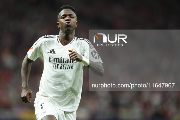 Vinicius Junior left winger of Real Madrid and Brazil reacts during the LaLiga match between Atletico de Madrid and Real Madrid CF  at Estad...