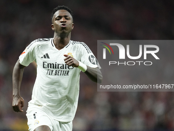 Vinicius Junior left winger of Real Madrid and Brazil reacts during the LaLiga match between Atletico de Madrid and Real Madrid CF  at Estad...