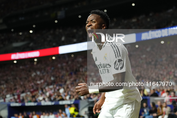 Vinicius Junior left winger of Real Madrid and Brazil reacts during the LaLiga match between Atletico de Madrid and Real Madrid CF  at Estad...