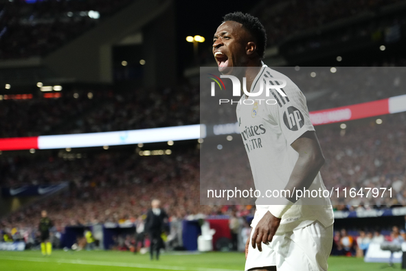 Vinicius Junior left winger of Real Madrid and Brazil reacts during the LaLiga match between Atletico de Madrid and Real Madrid CF  at Estad...