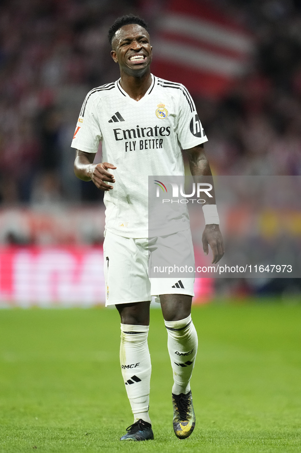 Vinicius Junior left winger of Real Madrid and Brazil reacts during the LaLiga match between Atletico de Madrid and Real Madrid CF  at Estad...