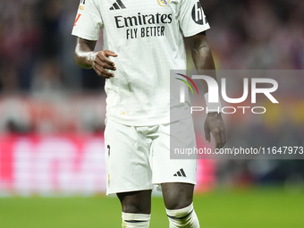 Vinicius Junior left winger of Real Madrid and Brazil reacts during the LaLiga match between Atletico de Madrid and Real Madrid CF  at Estad...