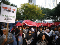 Palestinian supporters gather in Madison Square park with flags and signs against the October 2023 Israeli incursion of Gaza, on October 7,...