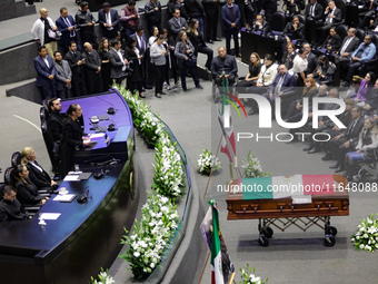 The coffin with the remains of Ifigenia Martinez is present during the posthumous funeral tribute in honor of Ifigenia Martinez, 99, in the...