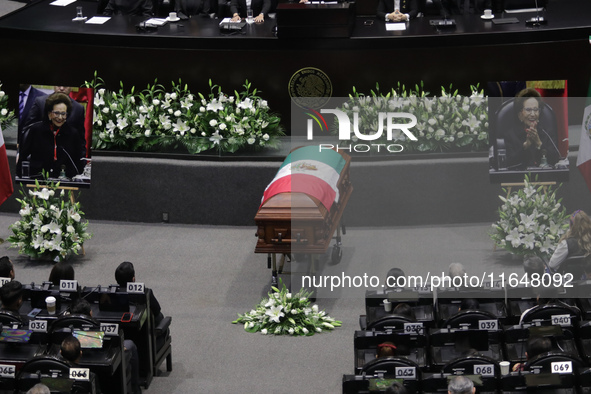 The coffin with the remains of Ifigenia Martinez is present during the posthumous funeral tribute in honor of Ifigenia Martinez, 99, in the...