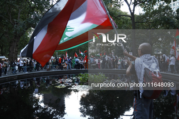 Palestinian supporters gather in Madison Square park with flags and signs against the October 2023 Israeli incursion of Gaza, on October 7,...