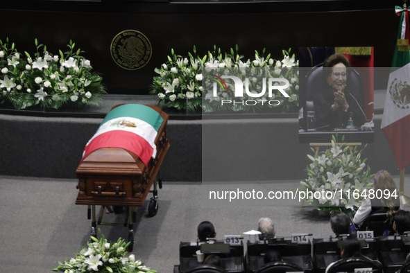 The coffin with the remains of Ifigenia Martinez is present during the posthumous funeral tribute in honor of Ifigenia Martinez, 99, in the...