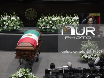 The coffin with the remains of Ifigenia Martinez is present during the posthumous funeral tribute in honor of Ifigenia Martinez, 99, in the...