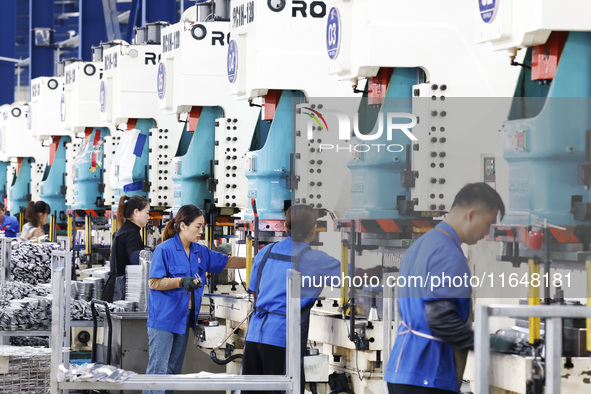 Workers work at the production workshop of Jiangsu Xinhua Auto Parts Co LTD in Sihong Economic Development Zone in Suqian, Jiangsu province,...