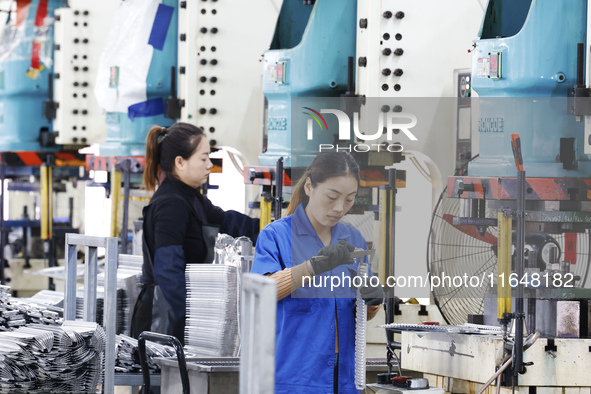 Workers work at the production workshop of Jiangsu Xinhua Auto Parts Co LTD in Sihong Economic Development Zone in Suqian, Jiangsu province,...