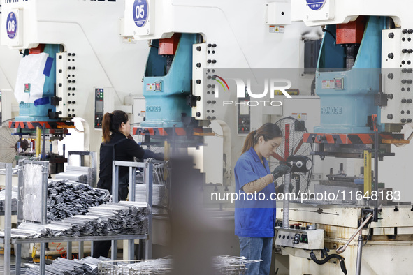 Workers work at the production workshop of Jiangsu Xinhua Auto Parts Co LTD in Sihong Economic Development Zone in Suqian, Jiangsu province,...