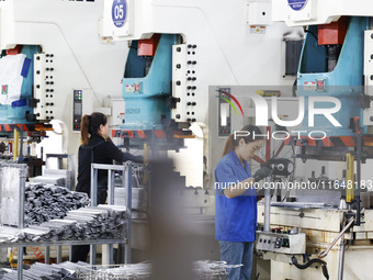 Workers work at the production workshop of Jiangsu Xinhua Auto Parts Co LTD in Sihong Economic Development Zone in Suqian, Jiangsu province,...