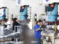 Workers work at the production workshop of Jiangsu Xinhua Auto Parts Co LTD in Sihong Economic Development Zone in Suqian, Jiangsu province,...