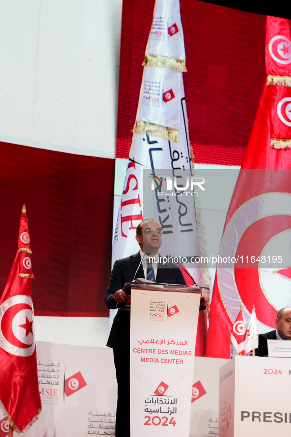 The head of the Tunisian election commission, Farouk Bouasker, gives a press conference to announce the preliminary results of the president...