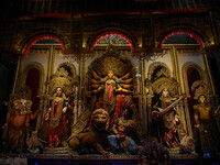 An idol of Goddess Durga is seen at a temporary place of worship called a pandal during the Durga Puja festival celebration in Kolkata, Indi...