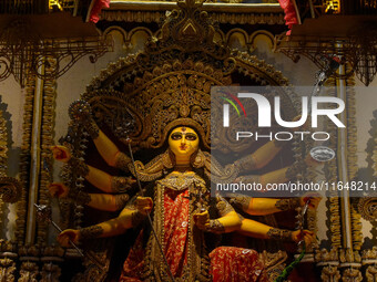 An idol of Goddess Durga is seen at a temporary place of worship called a pandal during the Durga Puja festival celebration in Kolkata, Indi...