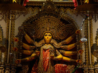 An idol of Goddess Durga is seen at a temporary place of worship called a pandal during the Durga Puja festival celebration in Kolkata, Indi...