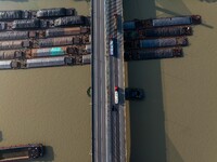 In Huai'an, China, on October 8, 2024, a photo shows transport ships in the port, dock, and river of the Beijing-Hangzhou Grand Canal in Hua...