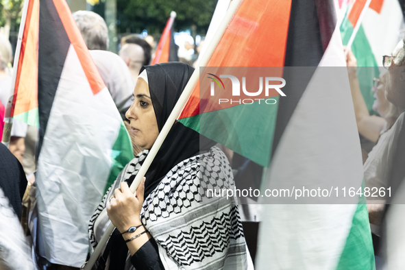 Hundreds of pro-Palestinian demonstrators march on the Israeli embassy in Athens, Greece, on October 7, 2024. 