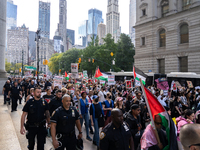 Pro-Palestinian protesters commemorate the anniversary of the October 7, 2023, Hamas attack on Israel in New York City, USA, on October 7, 2...