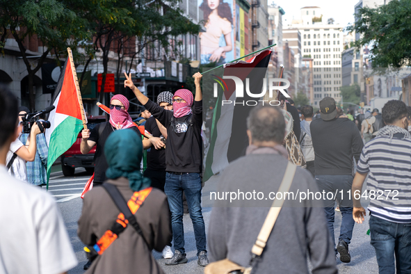 Pro-Palestinian protesters commemorate the anniversary of the October 7, 2023, Hamas attack on Israel in New York City, USA, on October 7, 2...