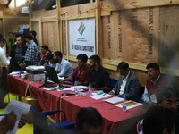 Election officials count votes for the local assembly elections at a counting center in Srinagar, Jammu and Kashmir, on October 8, 2024. (