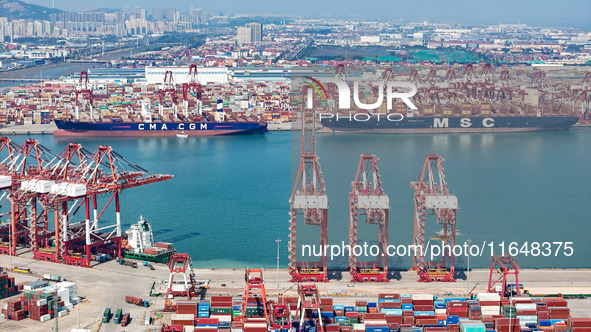 Cargo ships load and unload containers in the Qingdao area of the China (Shandong) Pilot Free Trade Zone in Qingdao, China, on October 8, 20...