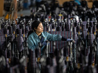 Workers rush to make Japanese-ordered products on the wheelchair production line of Zhongjin Medical Equipment Taizhou Co., Ltd. in Taizhou,...