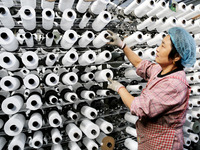 A worker works on the production line of a woven bag company in Lianyungang, China, on October 8, 2024. (