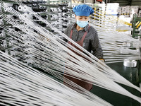 A worker works on the production line of a woven bag company in Lianyungang, China, on October 8, 2024. (