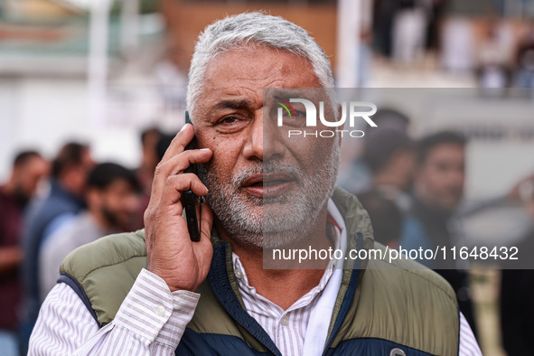 Irshad Rasool Kar, National Conference Candidate for Sopore Assembly Constituency, speaks to the media during election results in Baramulla,...