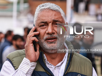 Irshad Rasool Kar, National Conference Candidate for Sopore Assembly Constituency, speaks to the media during election results in Baramulla,...