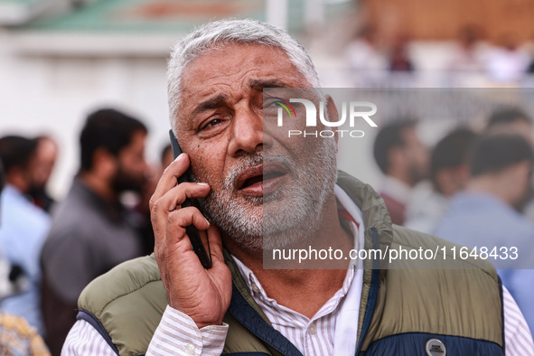 Irshad Rasool Kar, National Conference Candidate for Sopore Assembly Constituency, speaks to the media during election results in Baramulla,...