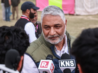 Irshad Rasool Kar, National Conference Candidate for Sopore Assembly Constituency, speaks to the media during election results in Baramulla,...