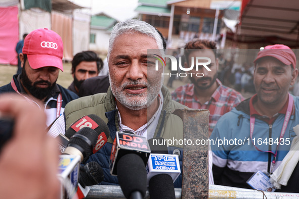 Irshad Rasool Kar, National Conference Candidate for Sopore Assembly Constituency, speaks to the media during election results in Baramulla,...