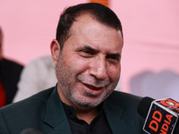 Pirzada Farooq Ahmed Shah, the National Conference candidate for the Gulmarg Assembly Constituency, speaks to the media during the results i...