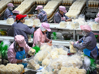 Workers pack golden mushrooms in a production workshop of Jiangsu Hualu Biotechnology Co LTD in Siyang National Modern Agriculture Industria...