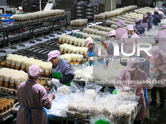 Workers pack golden mushrooms in a production workshop of Jiangsu Hualu Biotechnology Co LTD in Siyang National Modern Agriculture Industria...